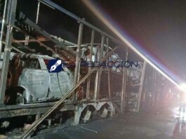 Arde camión nodriza cargado de vehículos en Autopista de Occidente